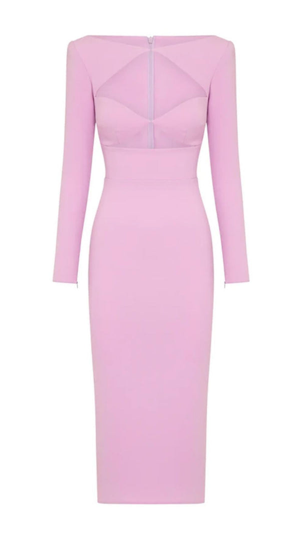 Cut Out Long Sleeve Midi Dress in Pink