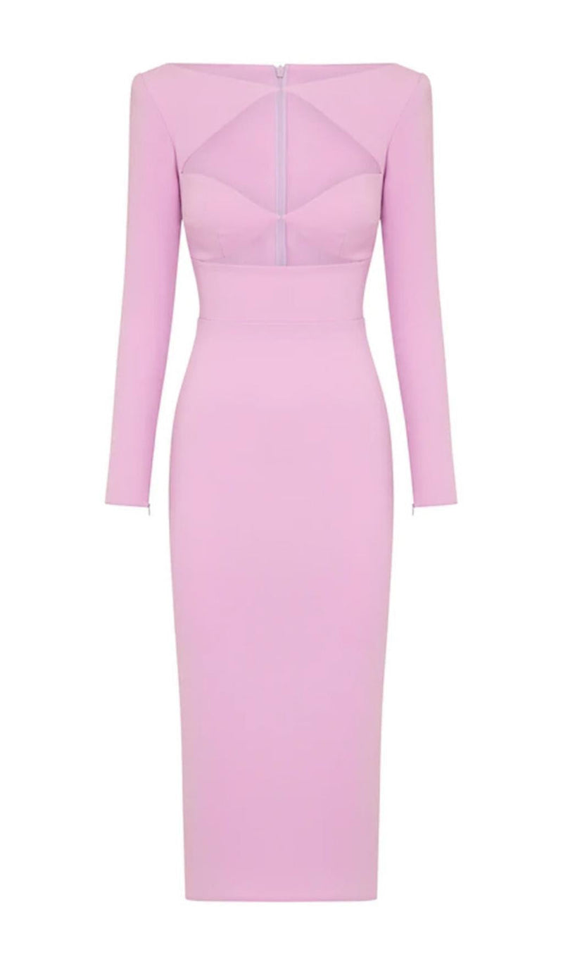 CUT OUT LONG SLEEVE MIDI DRESS IN PINK