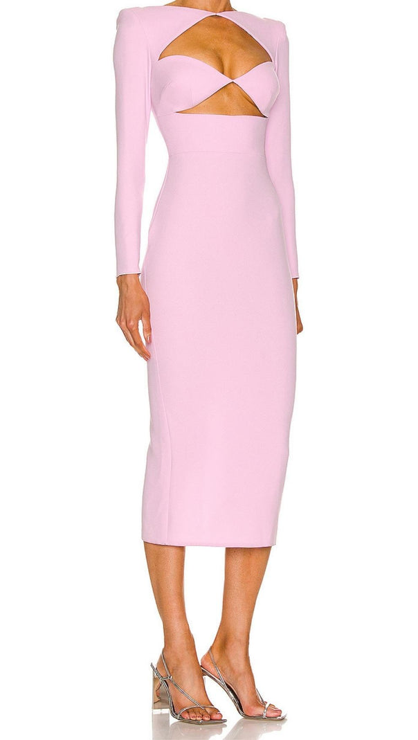 Cut Out Long Sleeve Midi Dress in Pink
