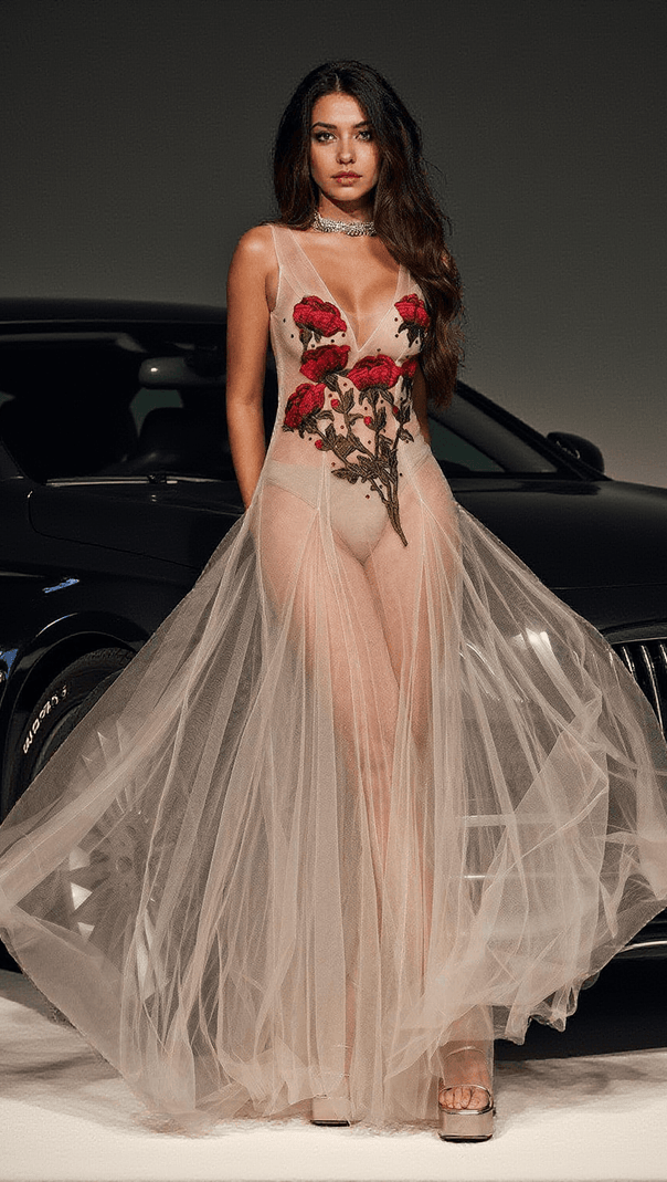 AIIZIE KATERI V NECK FLOWER EMBROIDERED MESH DRESS - product image