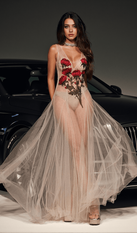 Kateri Netzkleid mit Blumenstickerei und V-Ausschnitt
