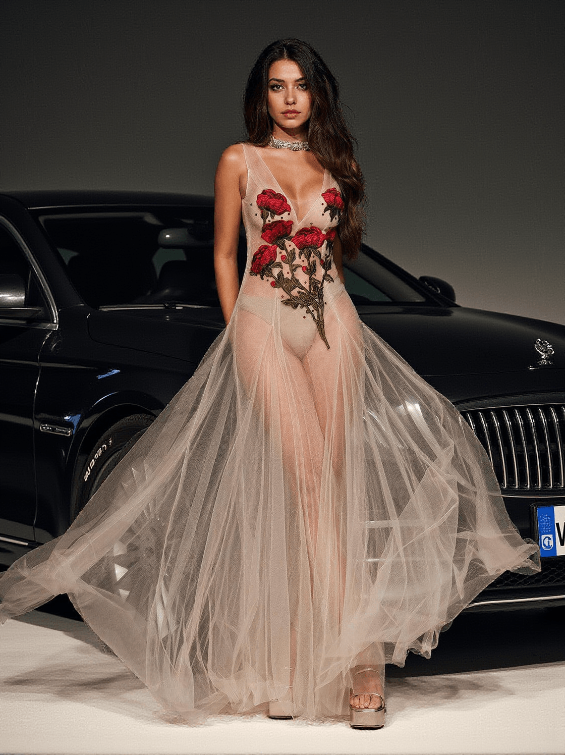 KATERI V NECK FLOWER EMBROIDERED MESH DRESS