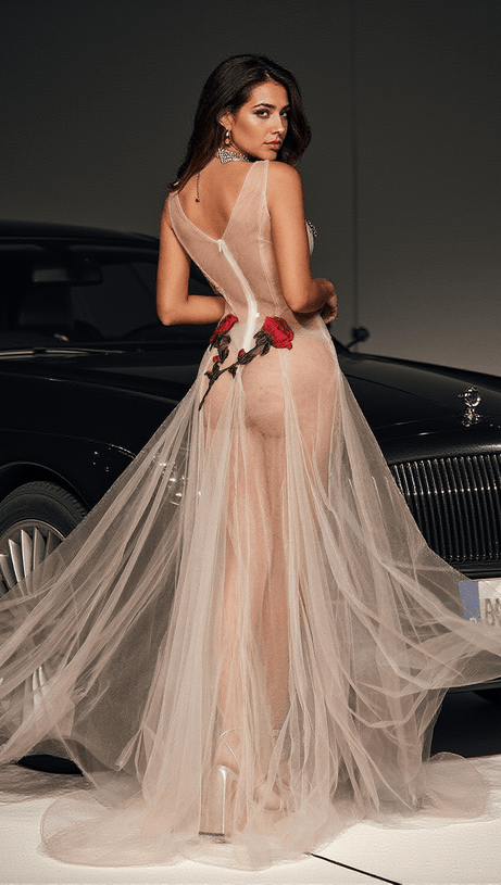 KATERI V NECK FLOWER EMBROIDERED MESH DRESS