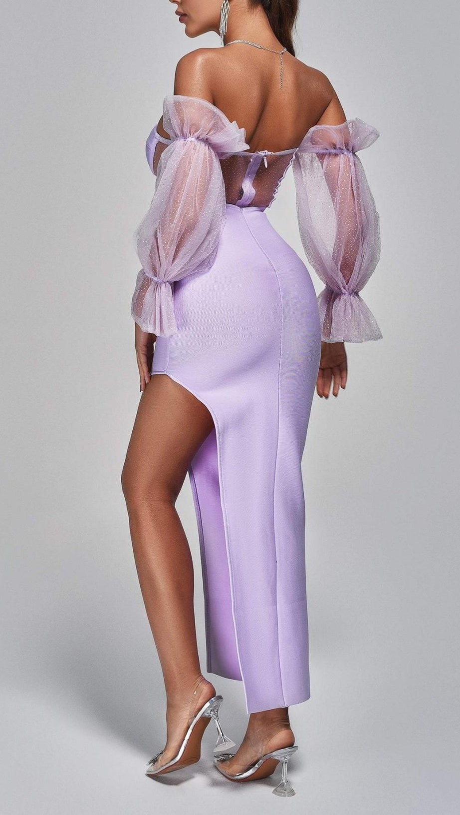 OFF SHOULDER SLIT MIDI DRESS IN PURPLE