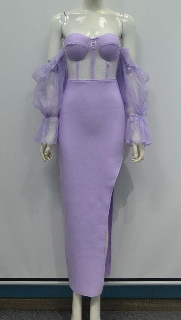 AIIZIE OFF SHOULDER SLIT MIDI DRESS IN PURPLE - product image