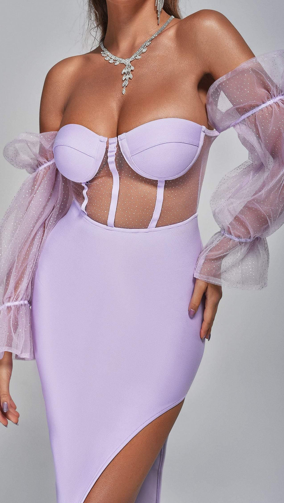 OFF SHOULDER SLIT MIDI DRESS IN PURPLE