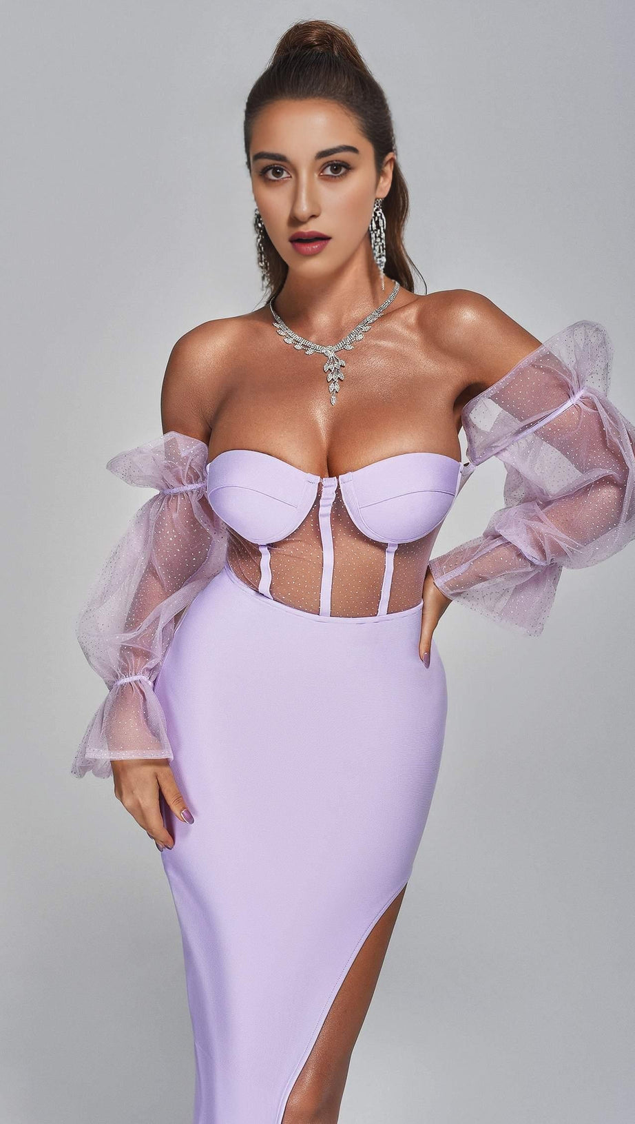 OFF SHOULDER SLIT MIDI DRESS IN PURPLE