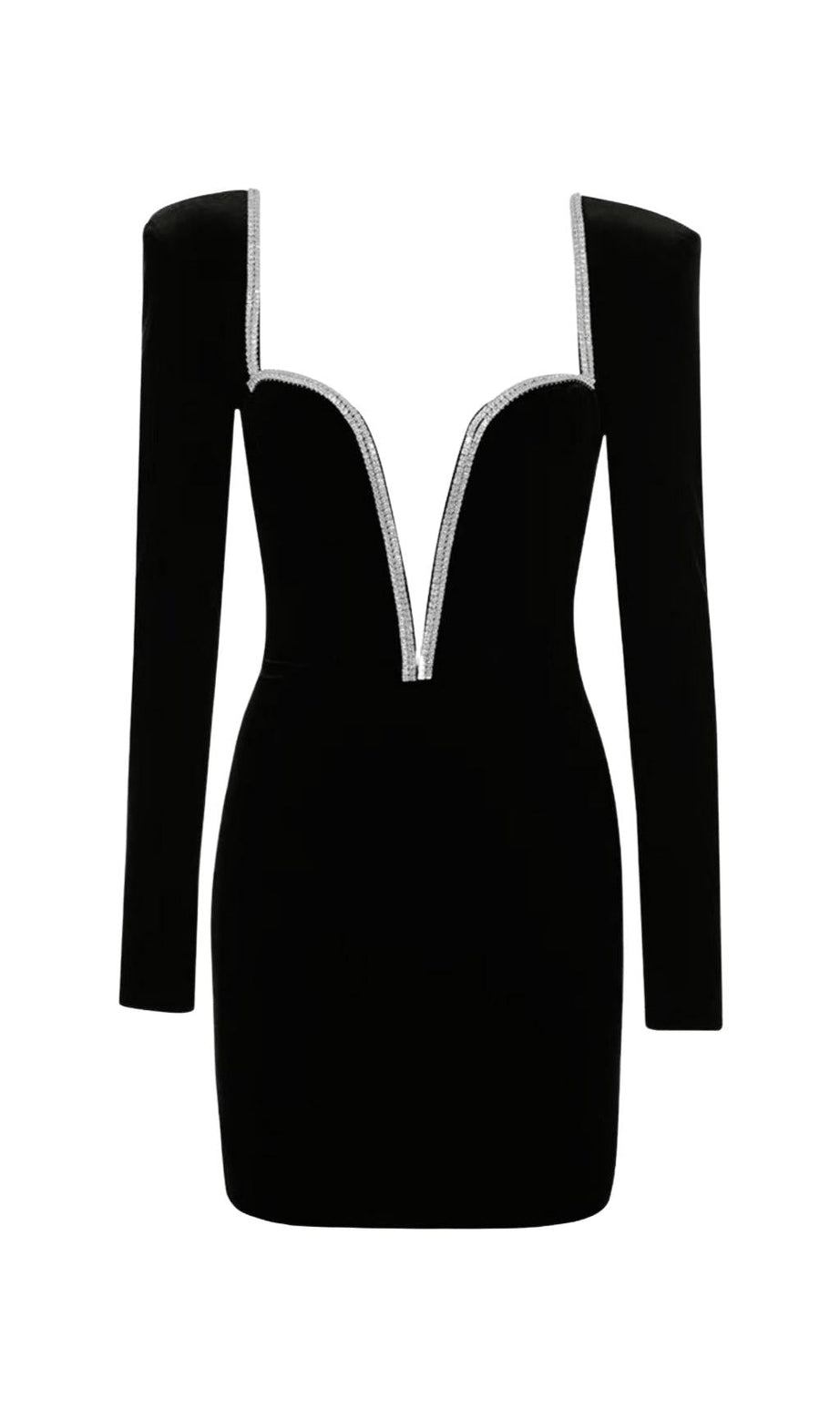 MINI ABITO CON SCOLLO A V E CRISTALLI NERO