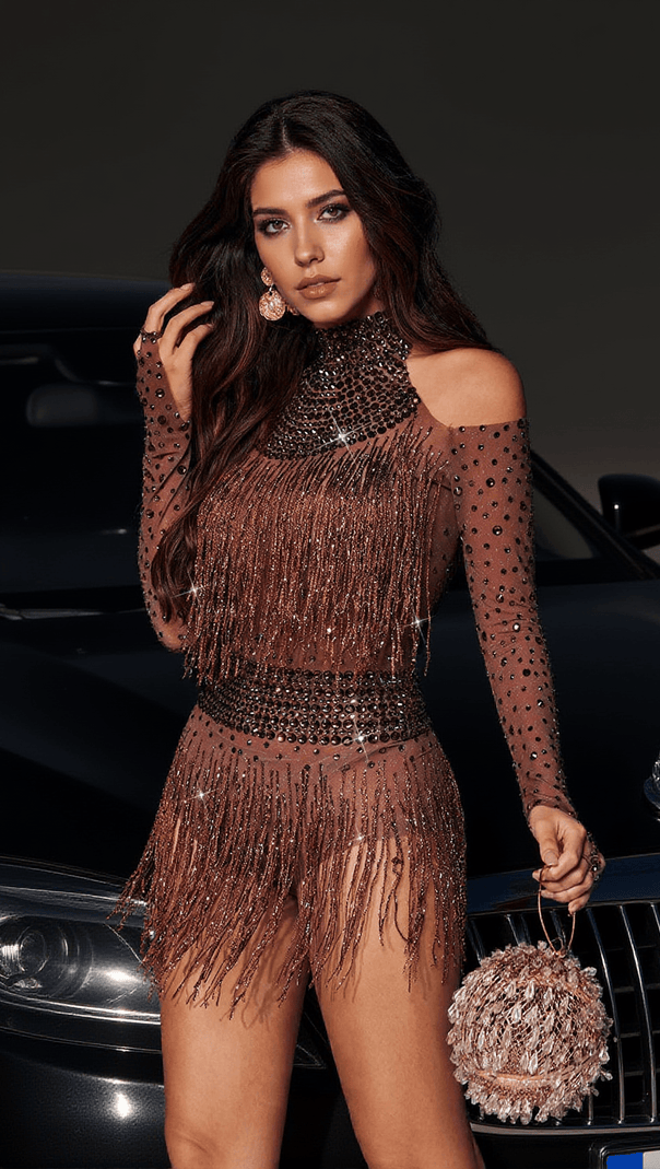 AIIZIE SAFA RHINESTONE GLITTER FRINGE BODYSUIT - product image