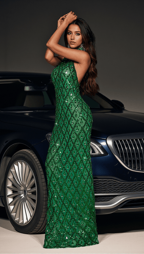 Liora – Grünes Maxikleid mit Pailletten und Kristallen