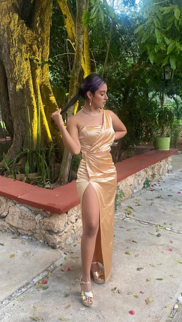 AIIZIE ONE SHOULDER BODYCON MAXI DRESS IN GOLD - product image