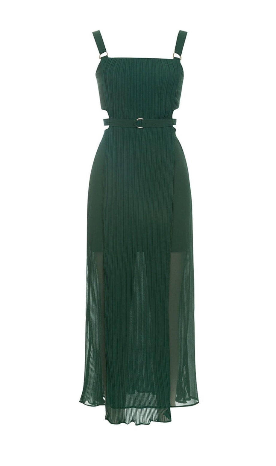 ABITO VERDE SENZA MANICHE CON CINTURINI E PLISSETTATURE