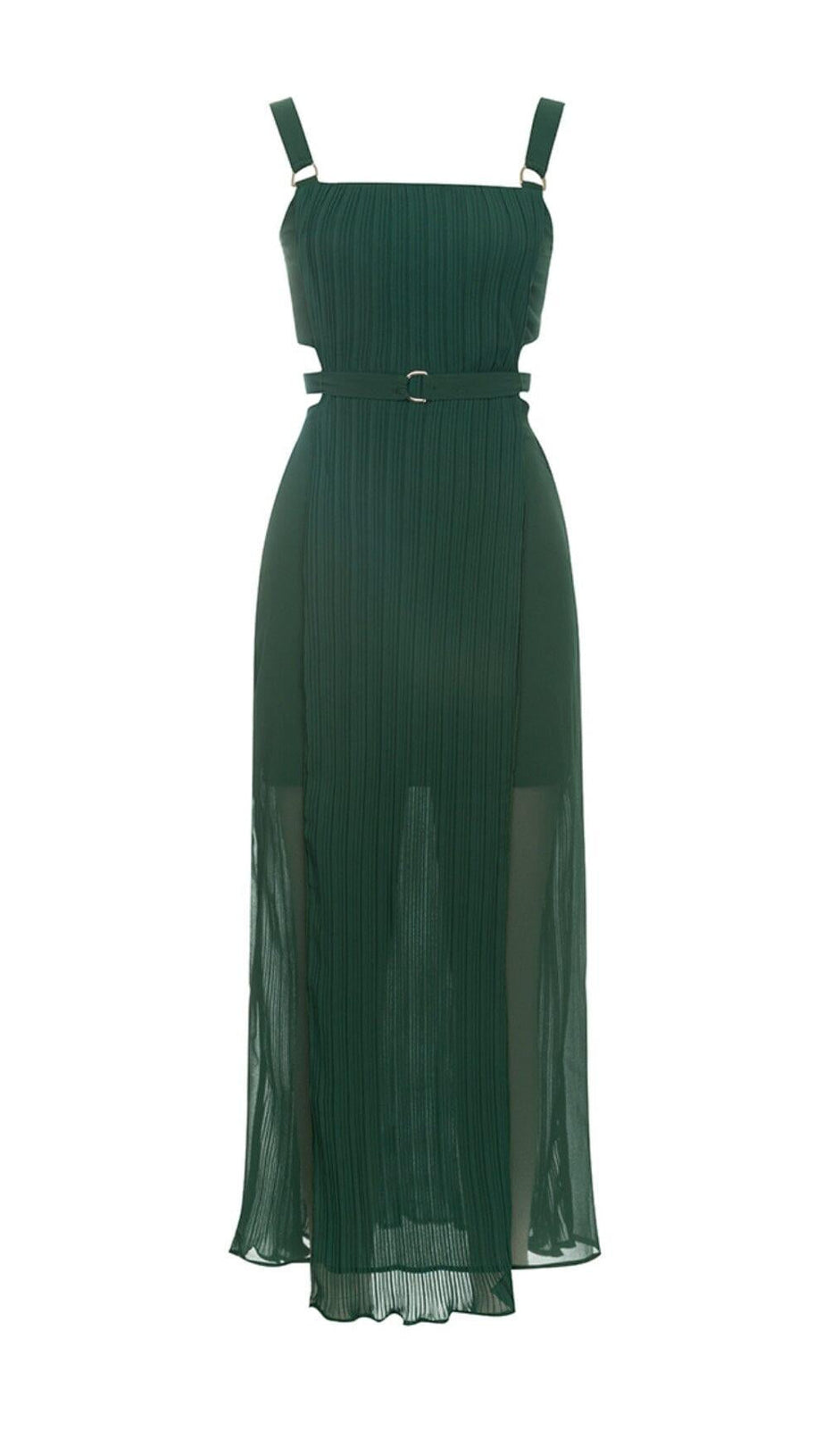 GREEN SLEEVELESS STRAP PLEATED DRESS