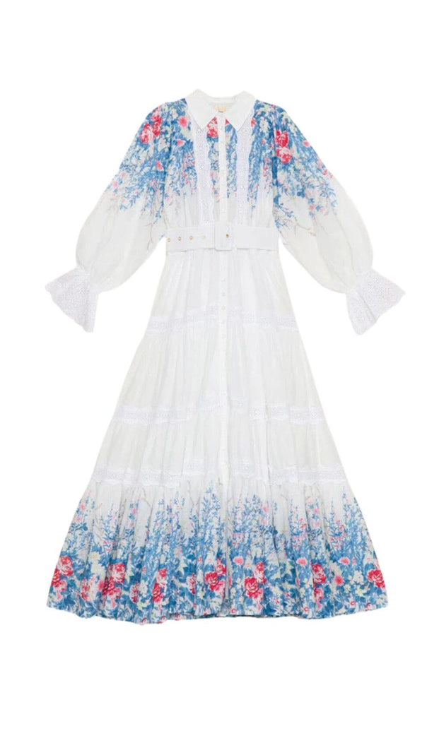 AIIZIE WHITE COTTON LAPEL GATHERED WAIST FLORAL PRINTED MAXI DRESS - product image