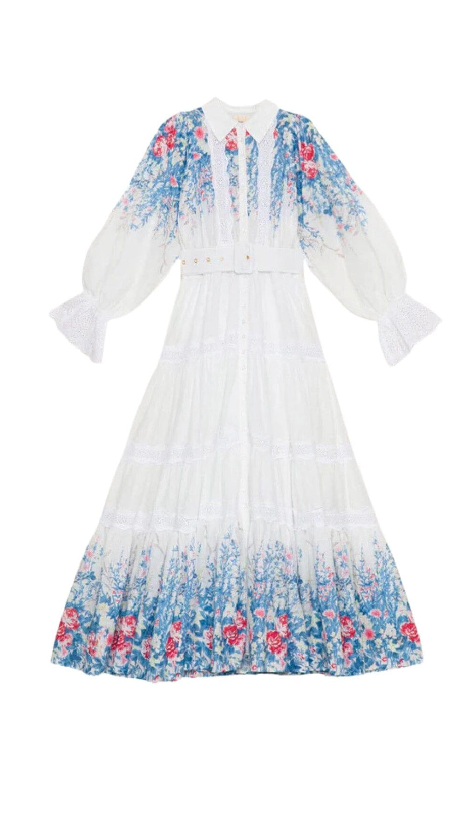 WHITE COTTON LAPEL GATHERED WAIST FLORAL PRINTED MAXI DRESS