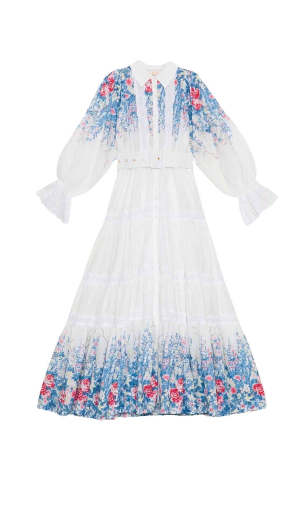Weißes Maxikleid aus Baumwolle mit Revers, geraffter Taille und Blumenmuster