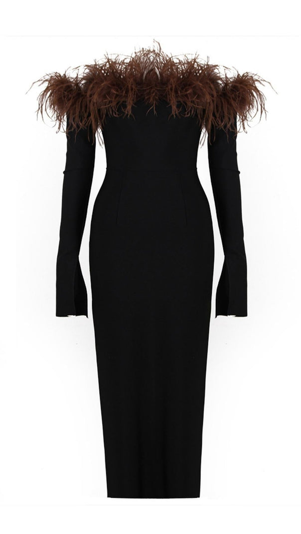 AIIZIE FEATHER OFF THE SHOULDER MIDI DRESS - product image
