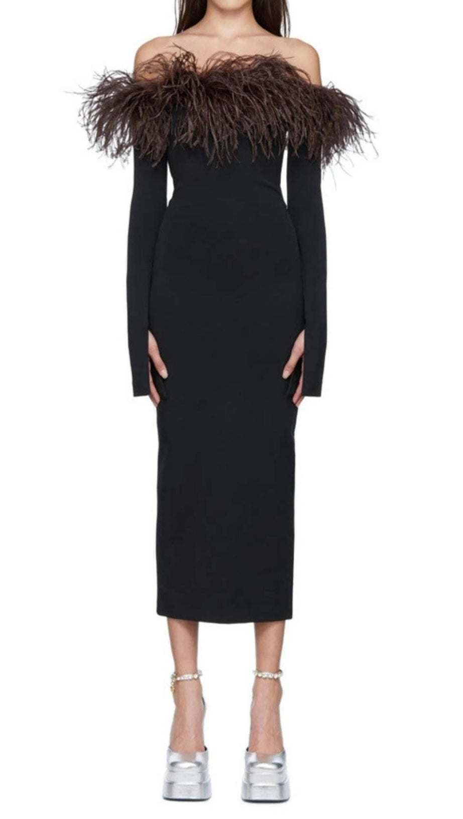 ABITO MIDI CON SPALLE SCOPERTE E PIUME
