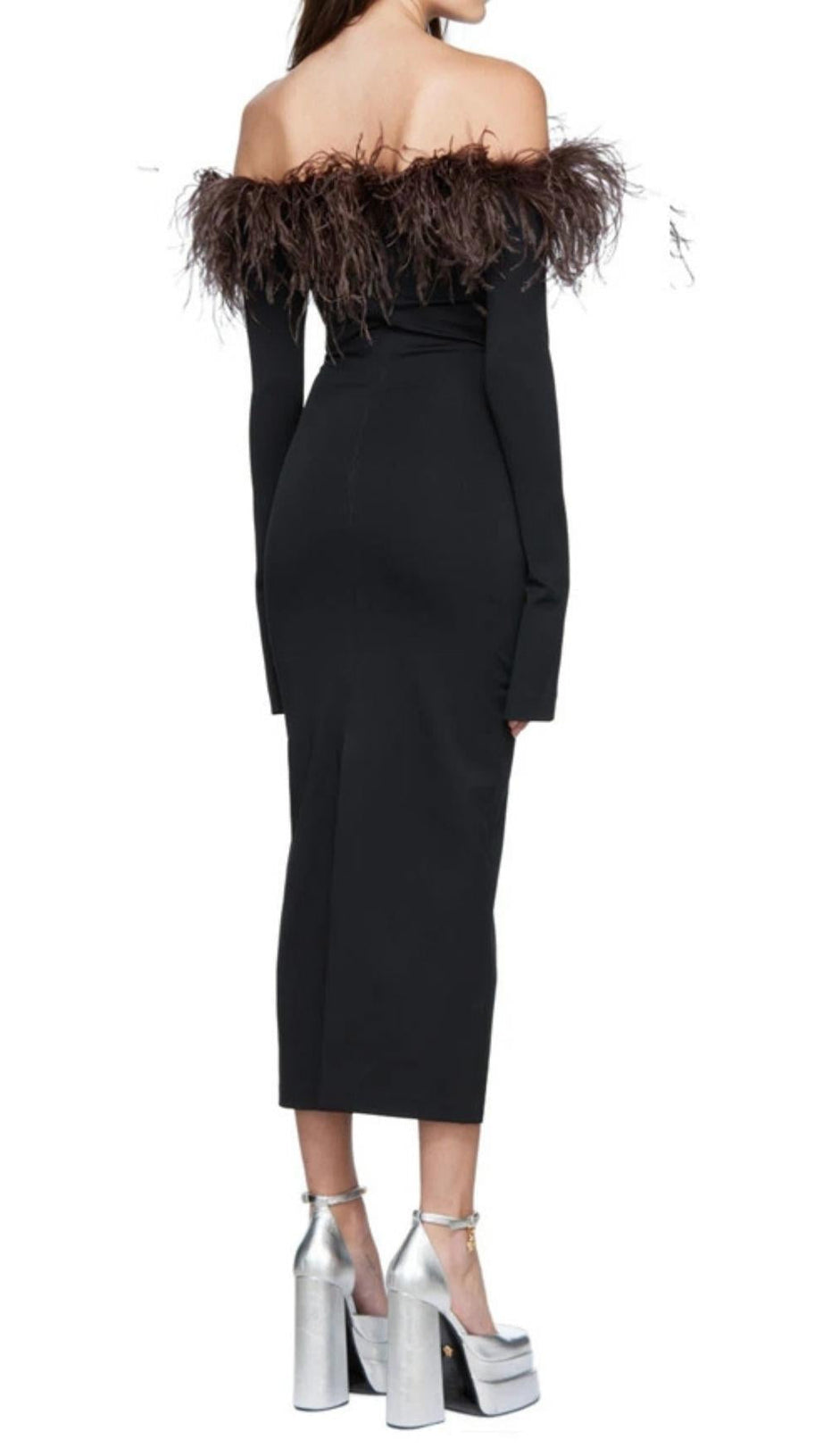 ABITO MIDI CON SPALLE SCOPERTE E PIUME