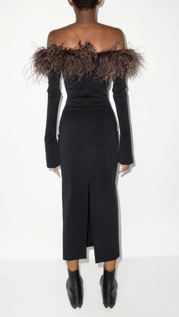 AIIZIE FEATHER OFF THE SHOULDER MIDI DRESS - product image