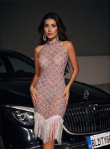 Emira High Neck Rhinestone Fringe Mini Dress