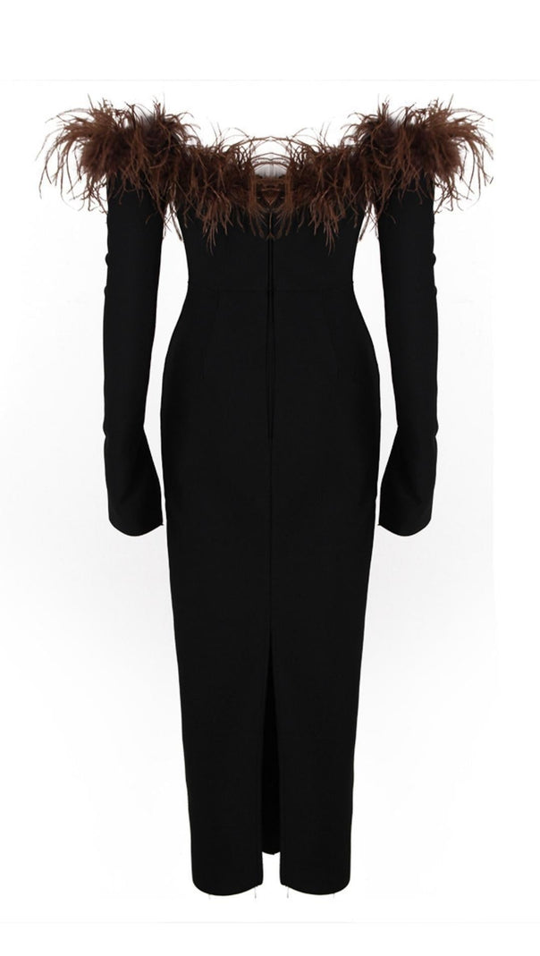 AIIZIE FEATHER OFF THE SHOULDER MIDI DRESS - product image