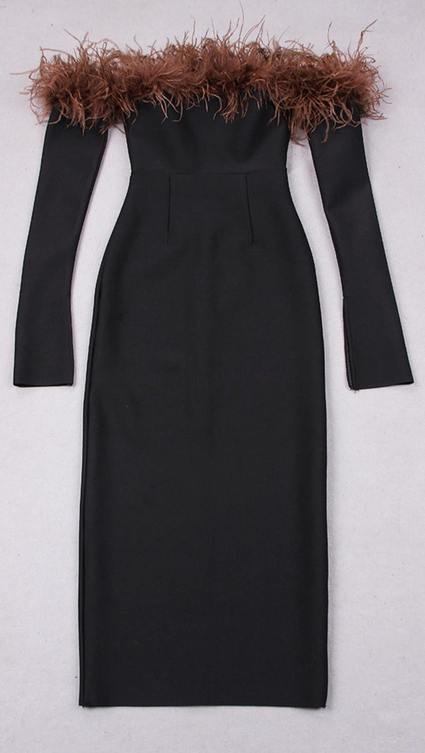 AIIZIE FEATHER OFF THE SHOULDER MIDI DRESS - product image