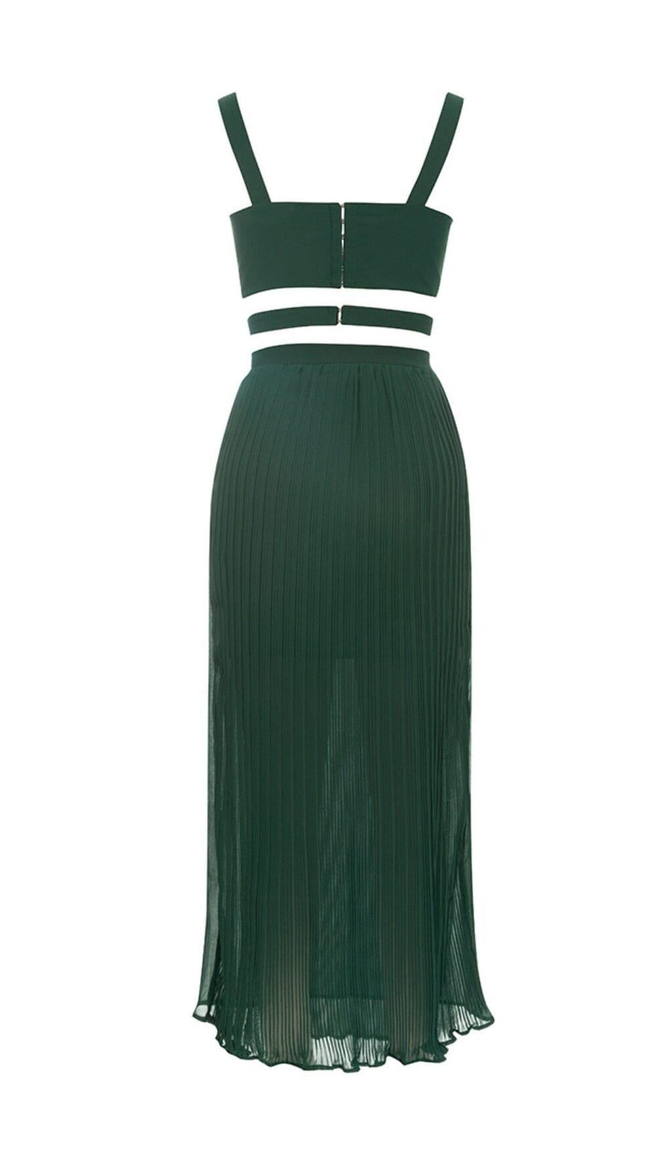 GREEN SLEEVELESS STRAP PLEATED DRESS
