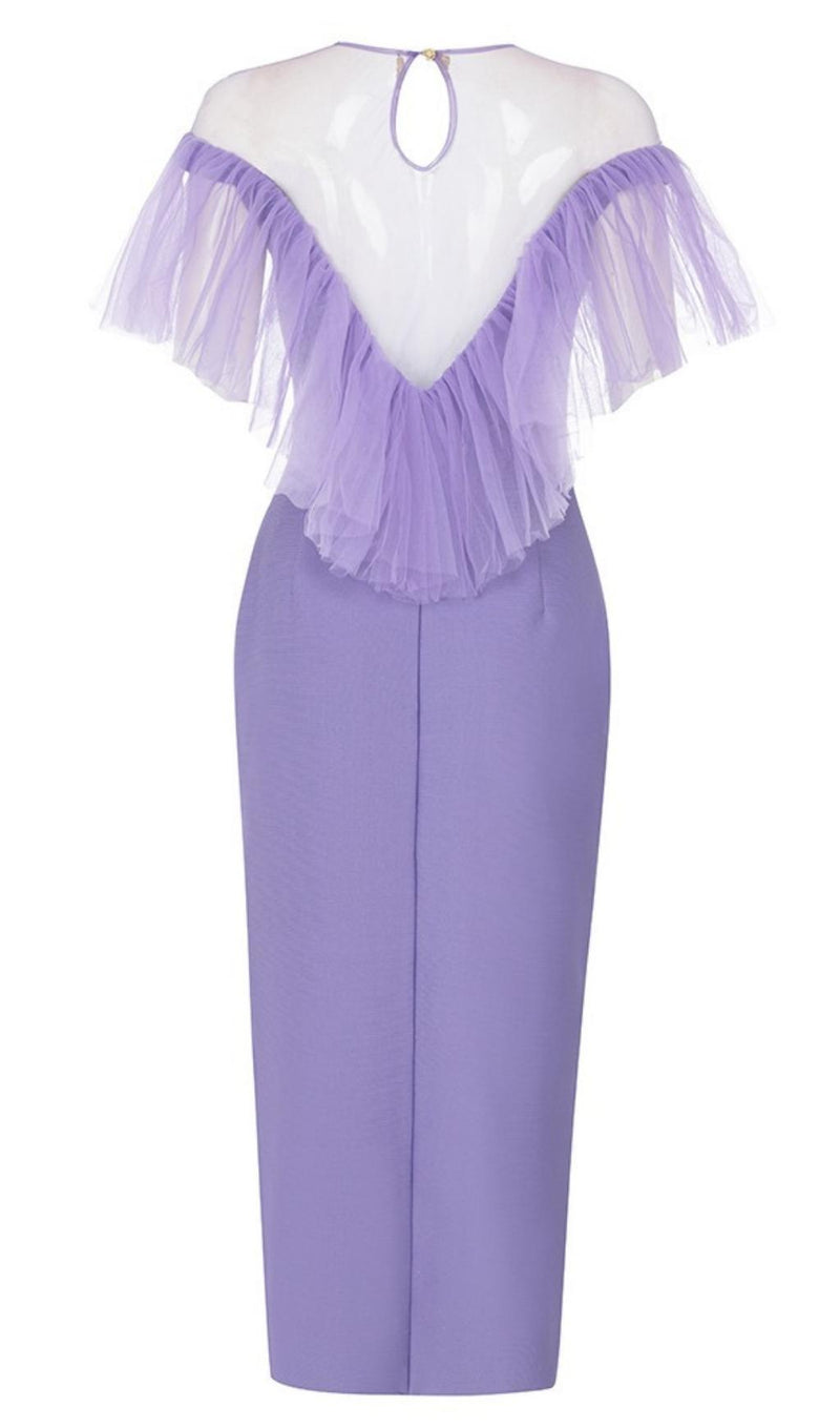 GAUZE RUCHED MIDI DRESS IN PURPLE