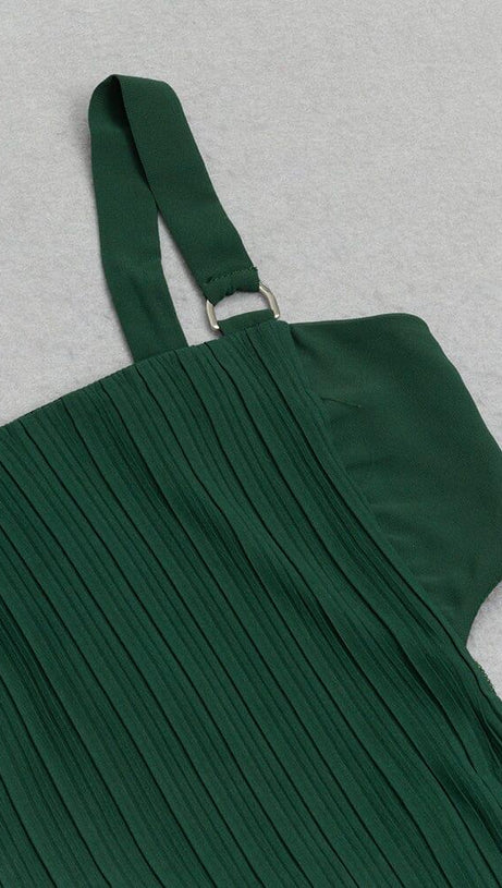 GREEN SLEEVELESS STRAP PLEATED DRESS