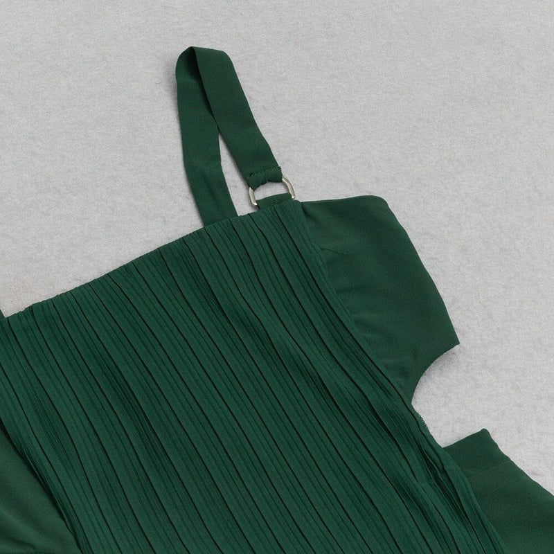 GREEN SLEEVELESS STRAP PLEATED DRESS