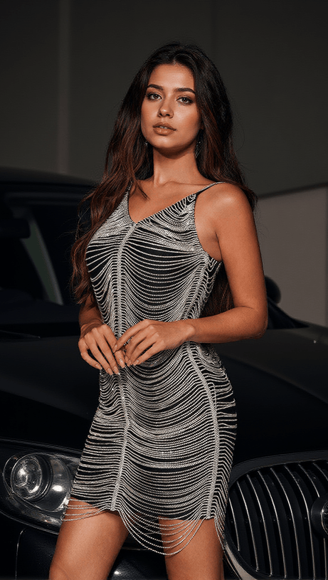 POLA CRYSTAL CHAIN DRAPED MINI DRESS