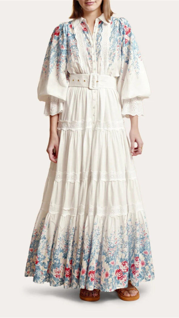 AIIZIE WHITE COTTON LAPEL GATHERED WAIST FLORAL PRINTED MAXI DRESS - product image