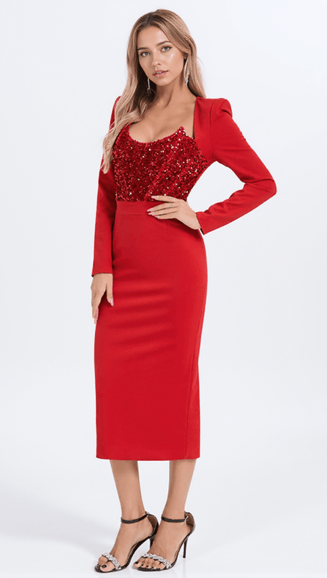 Sweetie – Langärmliges Patchwork-Midikleid mit Pailletten in Rot