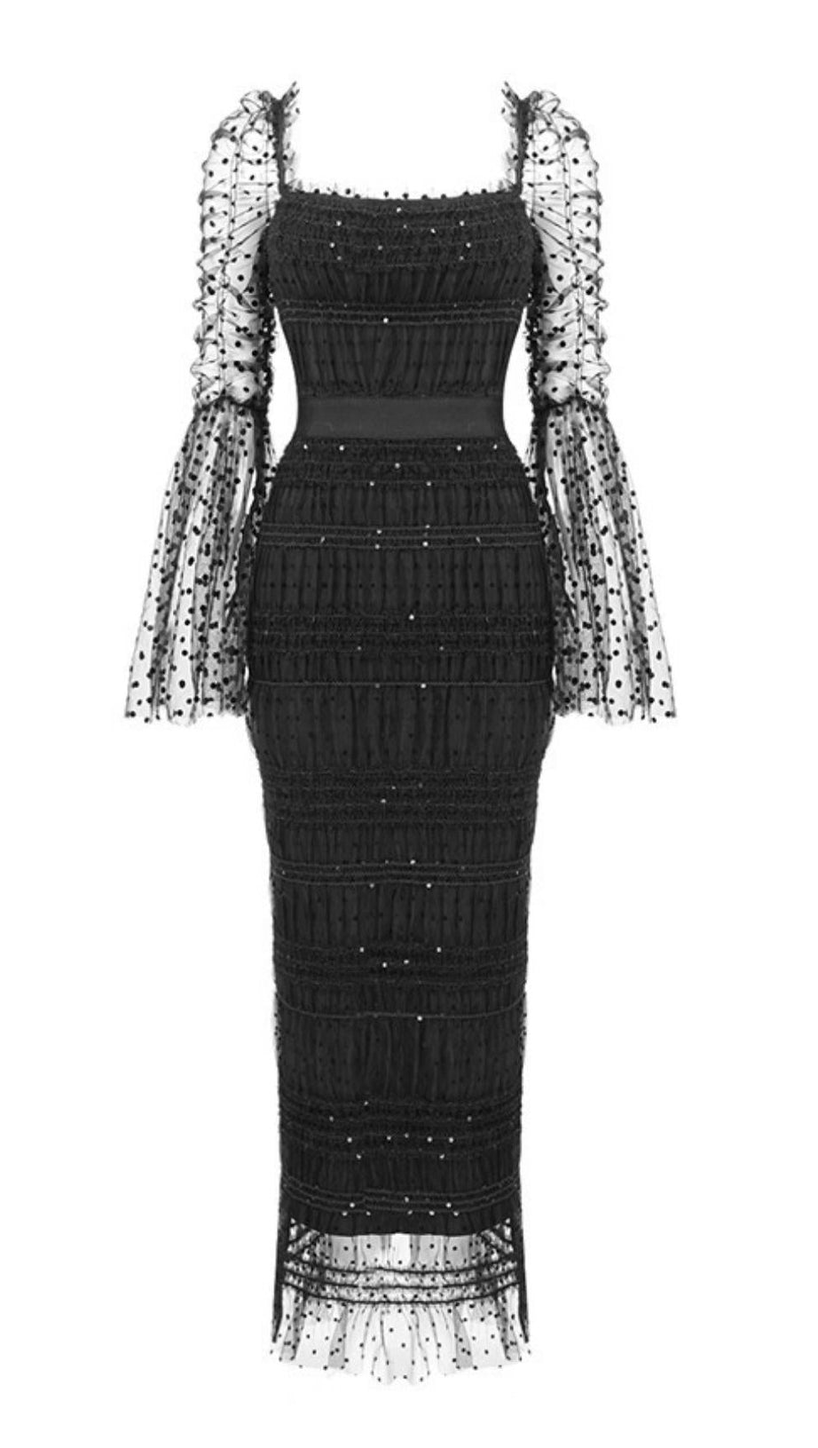 LACE BACKLESS MIDI DRESS IN BLACK