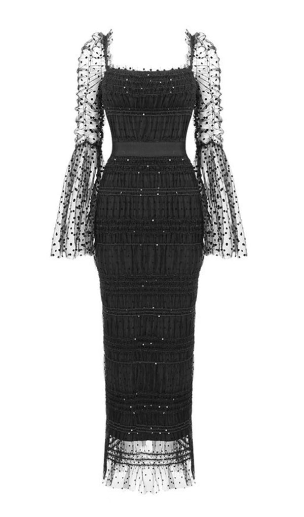 LACE BACKLESS MIDI DRESS IN BLACK