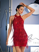 Charlize Crystal Fringe Mini Dress In Red