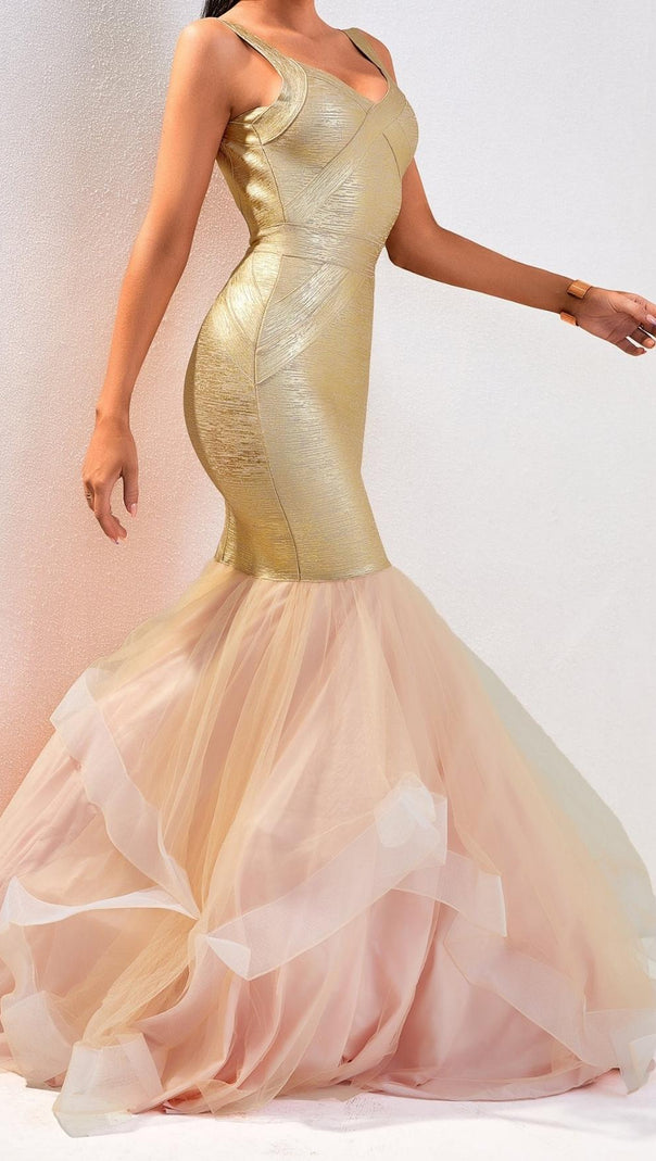 AIIZIE BODYCON BACKLESS MAXI DRESS IN GOLD - product image