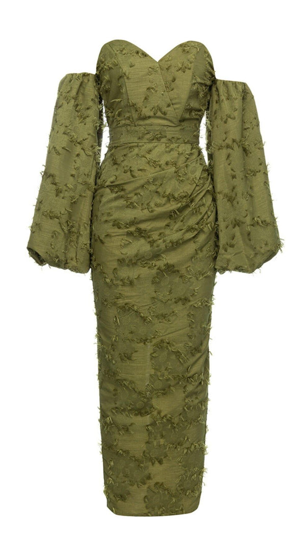 AIIZIE GREEN PUFF SLEEVE TIGHT SPLIT DRESS - product image