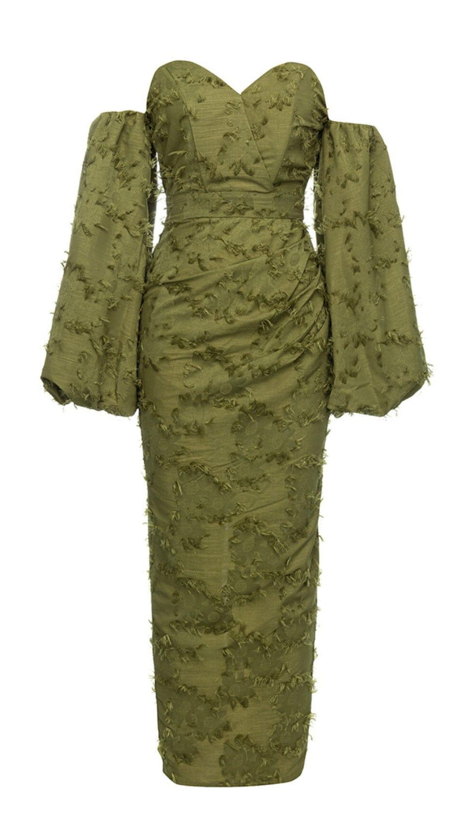 GRÜNES, ENGES, GESPLITTETES KLEID MIT PUFFÄRMELN