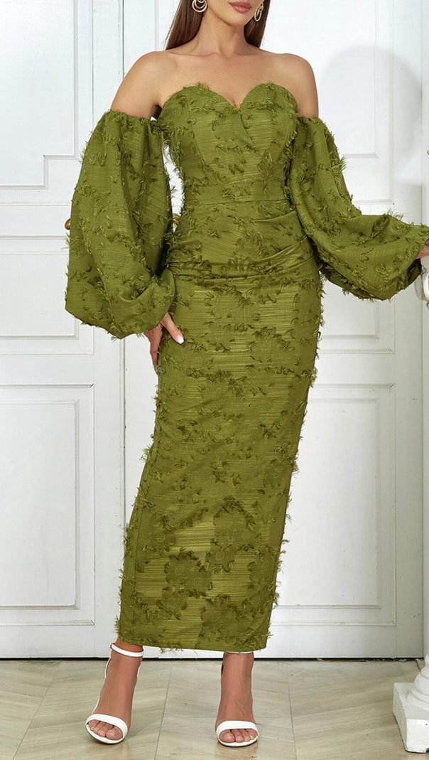 AIIZIE GREEN PUFF SLEEVE TIGHT SPLIT DRESS - product image
