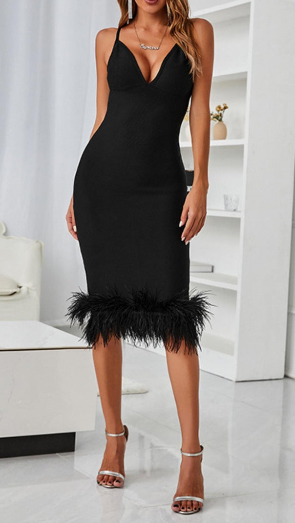 AIIZIE V NECK BACKLESS BODYCON MIDI DRESS IN BLACK - product image