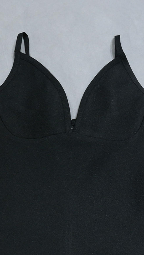 AIIZIE V NECK BACKLESS BODYCON MIDI DRESS IN BLACK - product image
