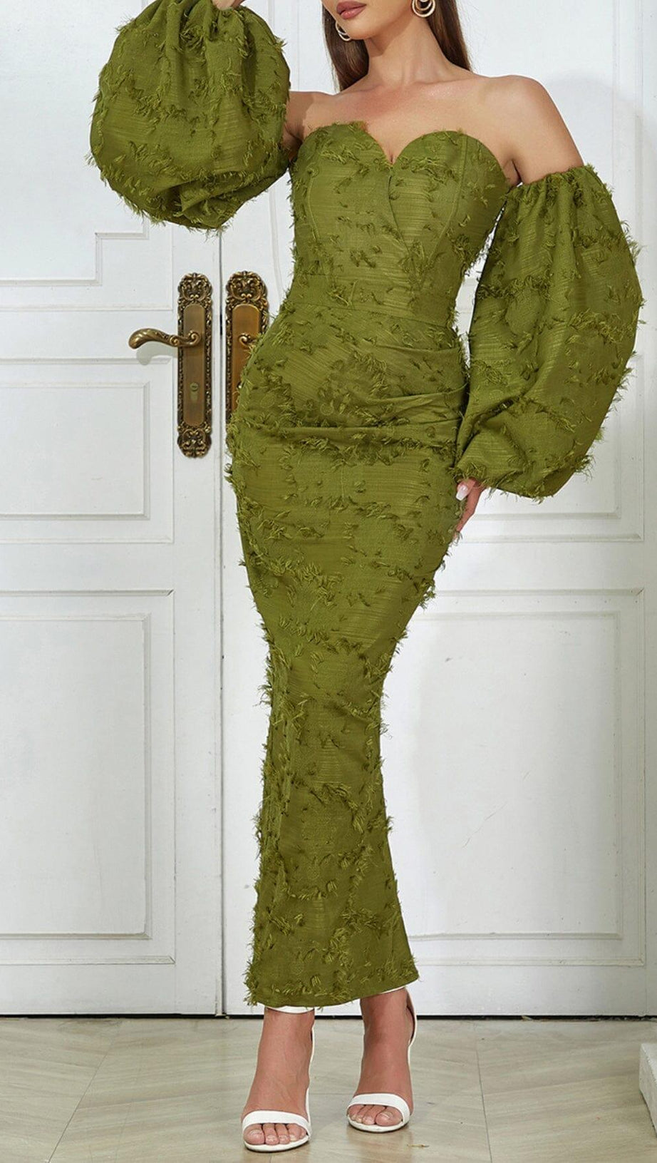 GREEN PUFF SLEEVE TIGHT SPLIT DRESS