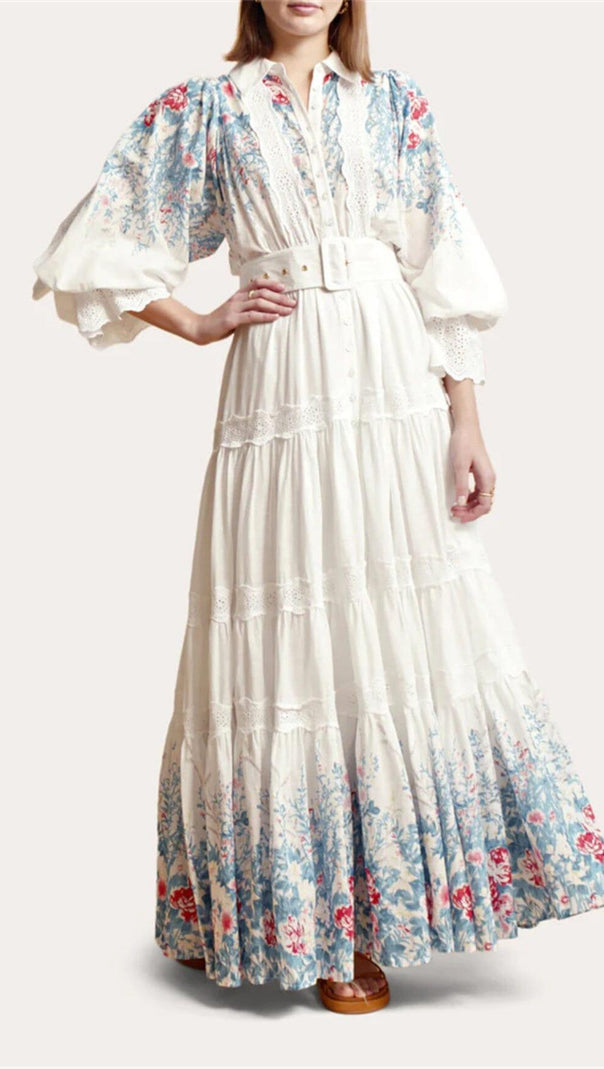 AIIZIE WHITE COTTON LAPEL GATHERED WAIST FLORAL PRINTED MAXI DRESS - product image