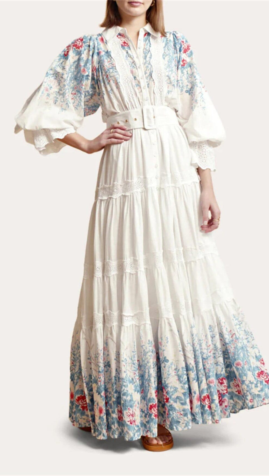 WHITE COTTON LAPEL GATHERED WAIST FLORAL PRINTED MAXI DRESS