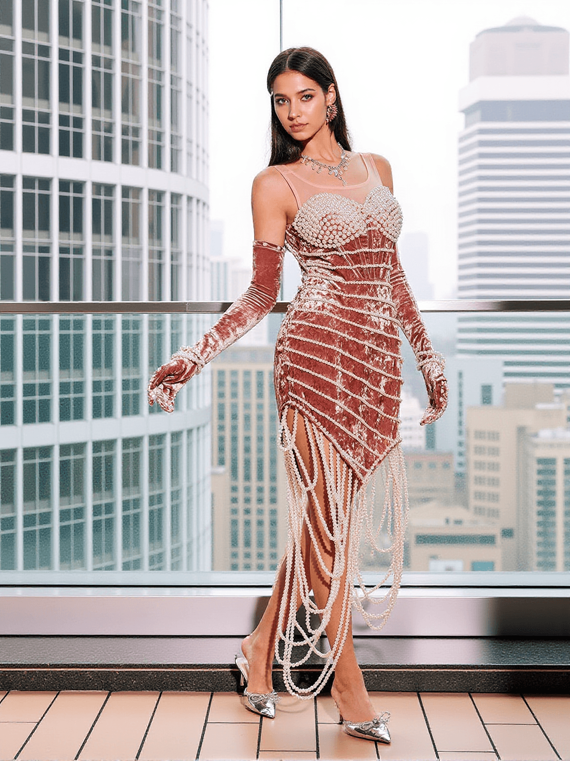 LUCILLE PEARL FRINGE VELVET MINI DRESS WITH GLOVES