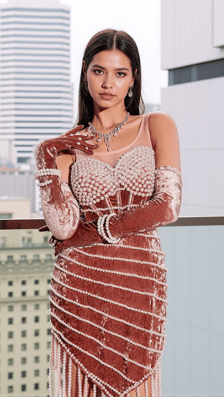 LUCILLE PEARL FRINGE VELVET MINI DRESS WITH GLOVES