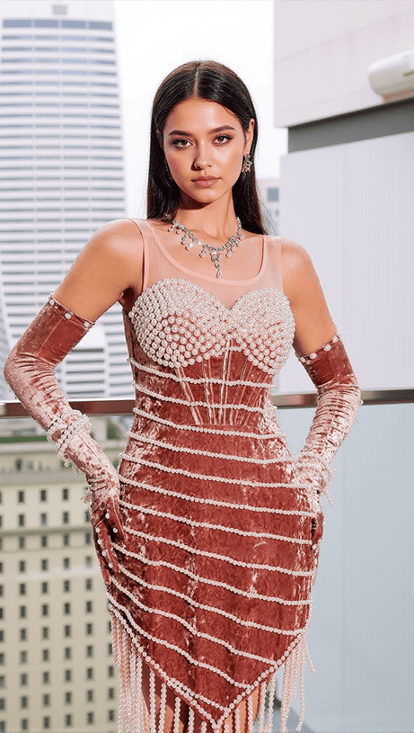 LUCILLE PEARL FRINGE VELVET MINI DRESS WITH GLOVES