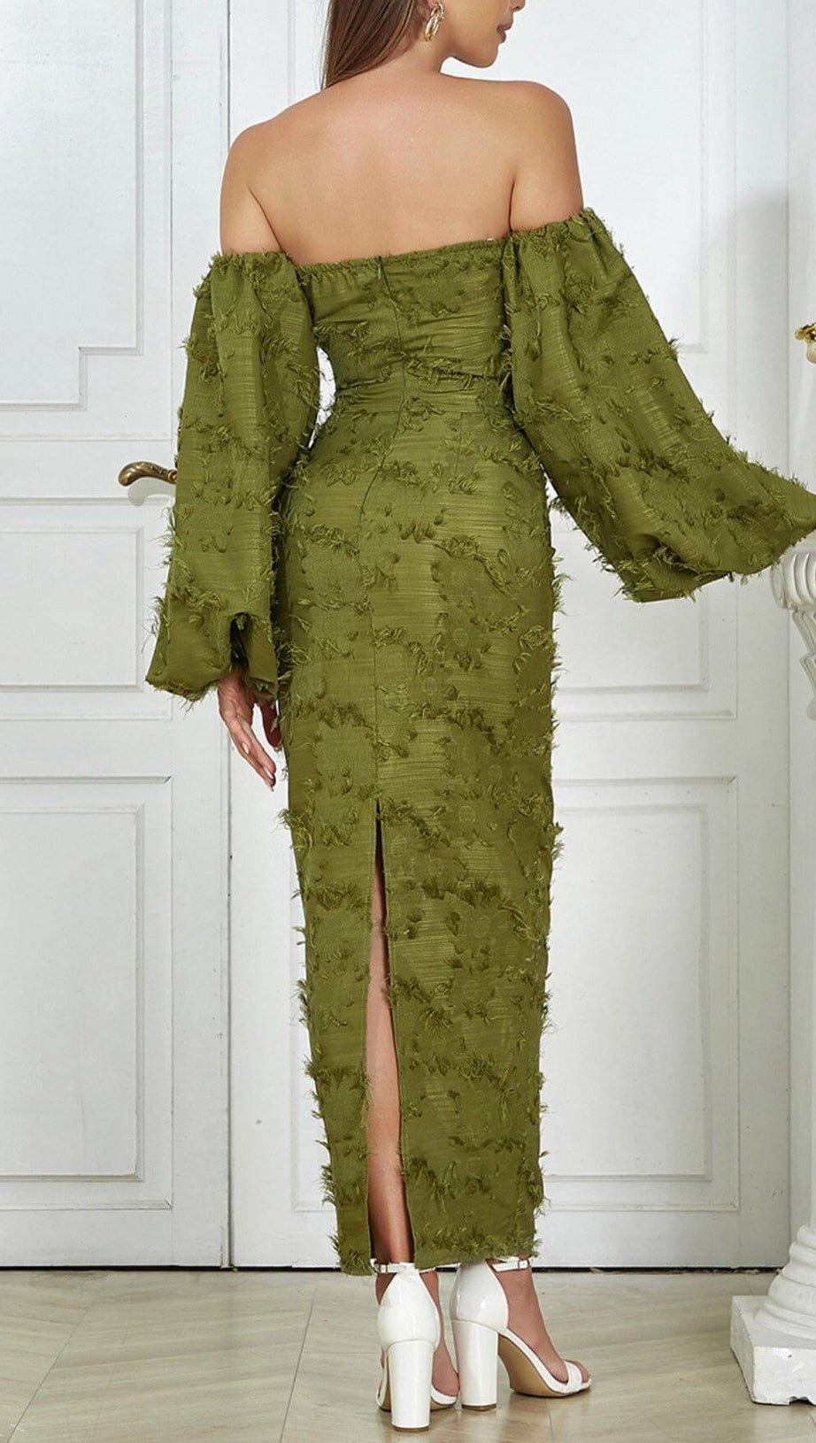 GREEN PUFF SLEEVE TIGHT SPLIT DRESS